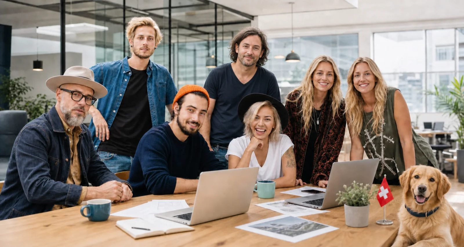 Das Team von Umzugs-Vergleich.ch mit Golden Retriever Lucy im gemeinsamen Office